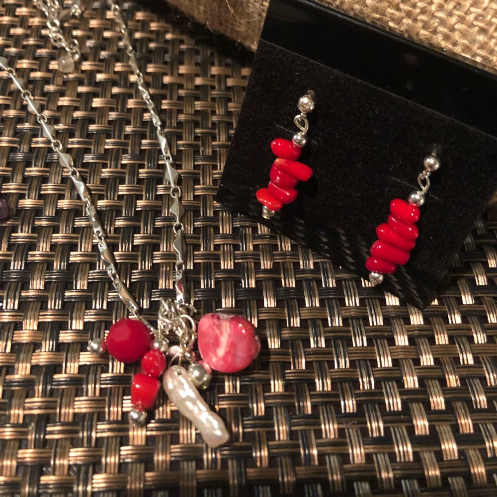 Red stone matching necklace and earrings